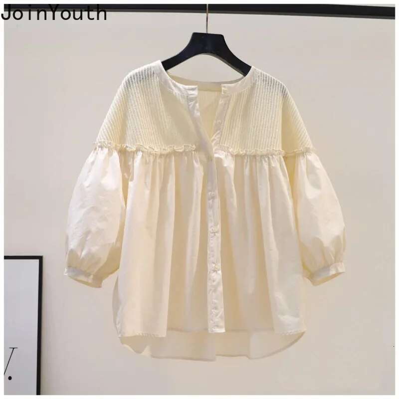 Cotton Blouses Women Patchwork Pink Shirt Loose Summer Sweet Ruffles Blouse O-neck Lantern Sleeve Tops 2025 Blusas Mujer De Moda
