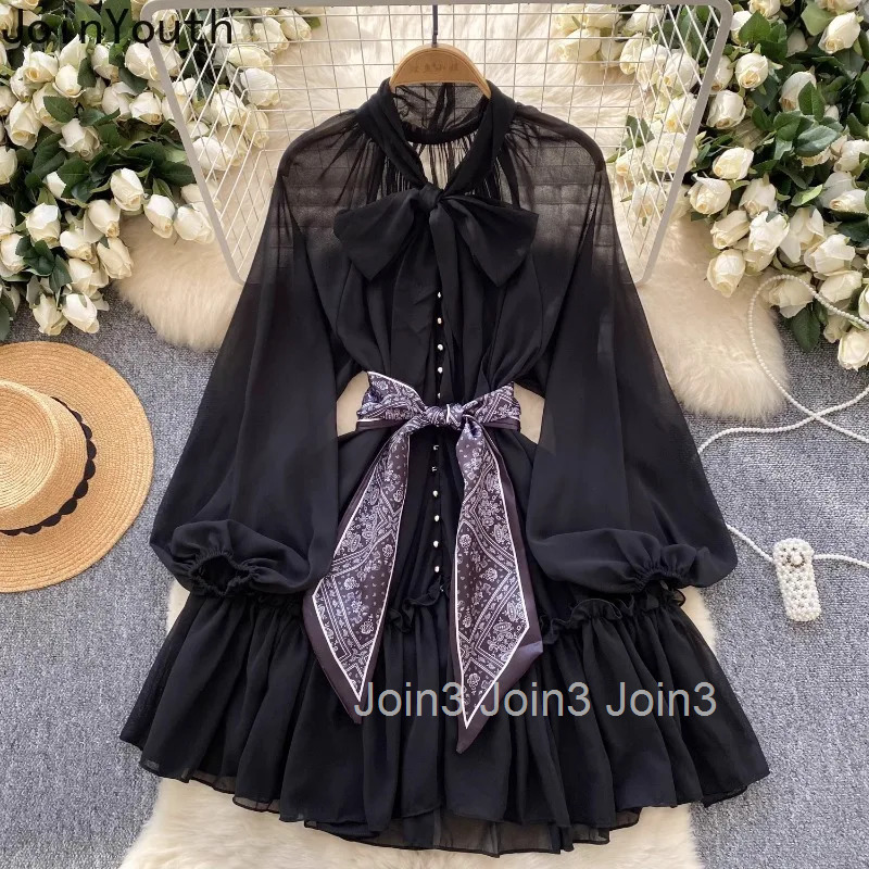 Summer Dress Women Clothing 2025 Vestidos De Mujer Slim Waist Bandage Lantern Sleeve Robe Femme Leopard Print Gauze Sexy Dresses