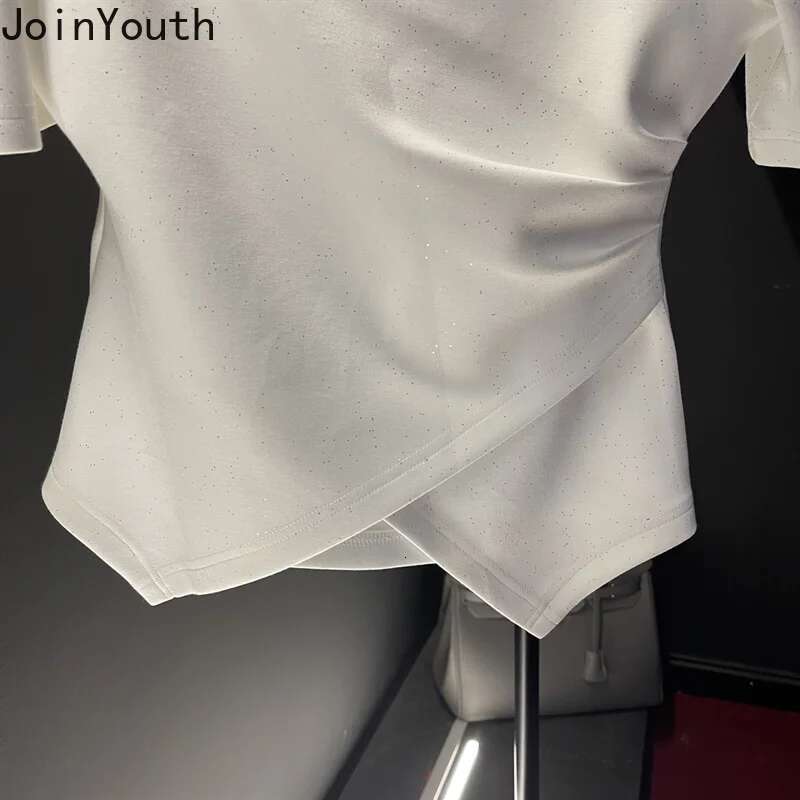 Crop Tops Tshirts for Women Solid Color Diamond Tunic Tees 2025 Ropa Mujer Slim Waist Off Shoulder Fashion Sweet Sexy T-shirt