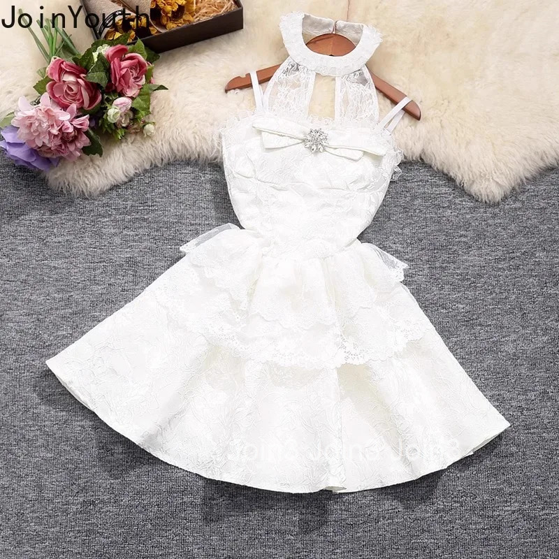 Mini Woman Dress Lace O-neck Sleeveless Robe Femme Bow Hollow Out High Waist A-line Sweet Sexy Summer Dresses Vestidos De Mujer