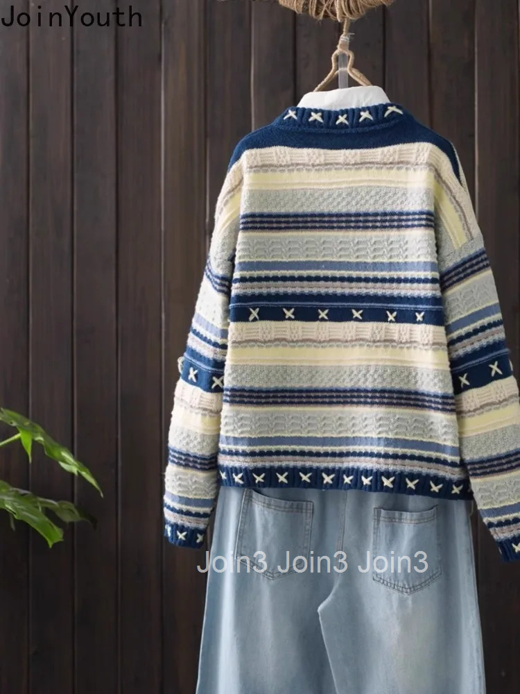 Knitwear Women Cardigan Jackets Pull Femme O-neck Vintage Fashion Striped Knitted Sweater Tops Casual Korean Sueter Mujer 63a526