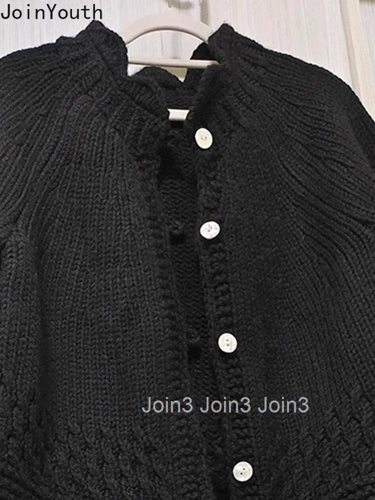 Black Single Breasted Knitted Sweater Jacket Sueter Mujer Fall Winter Clothing Pull Femme Loose Vintage Ruffles Cardigan Tops