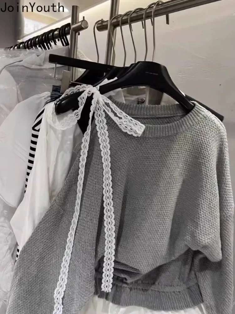Fake Two Jumper Knitting Pullovers for Women Bandage Lace Patchwork Knitwear Sweater Y2k Tops Off Shoulder Sueter Mujer