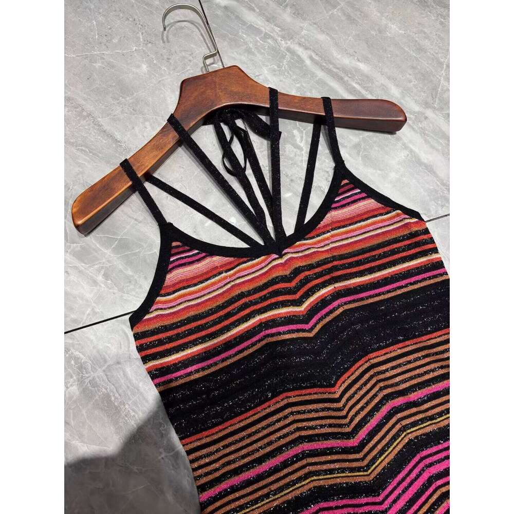 Striped Knitted Long Dress For Women Spring Summer Sequined Design Hanging Neck Casual Sleeveless Robes