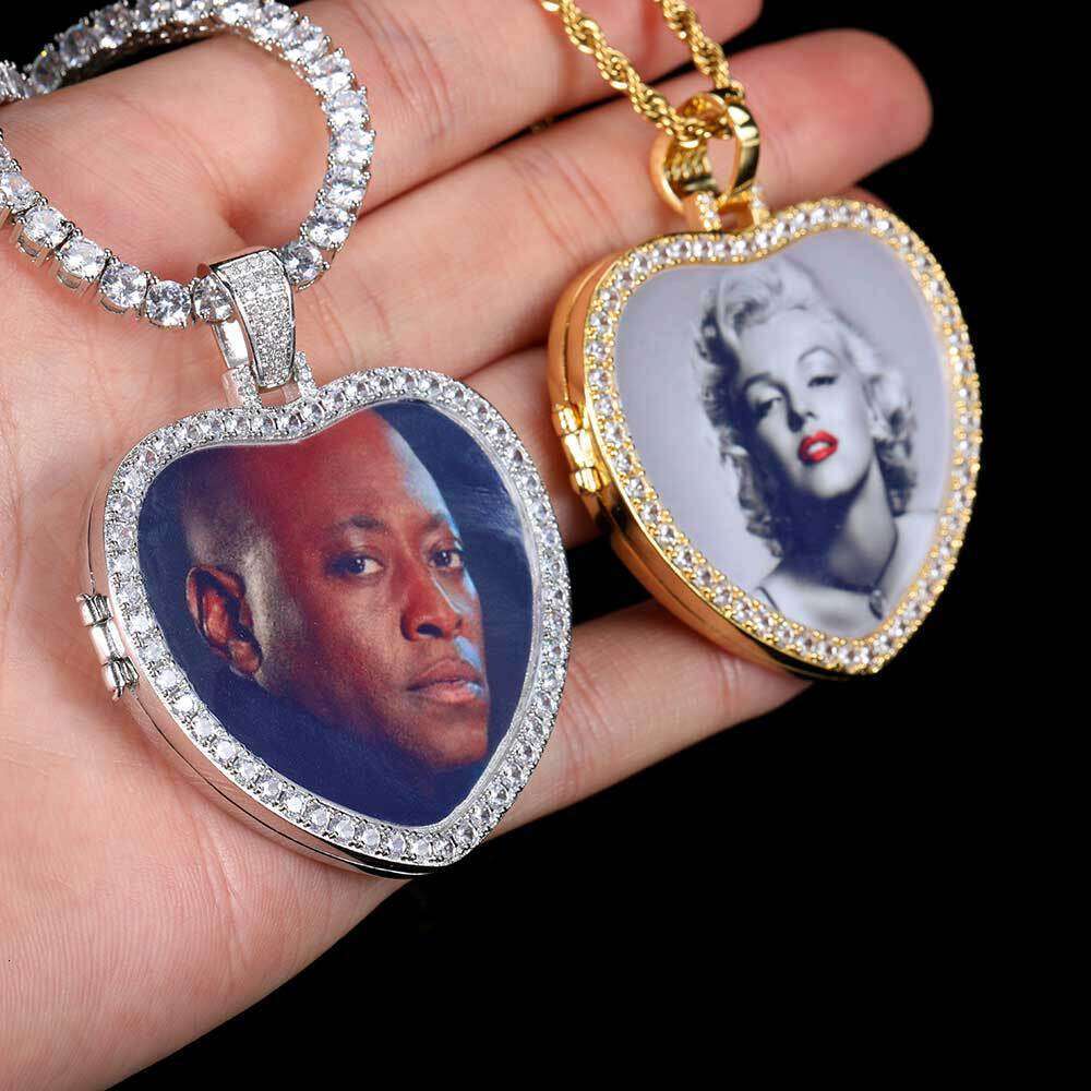 Hip Hop Hollow Flip Cover Heart Pendant Micro Paved Zircon Personality Photo Necklace 1405