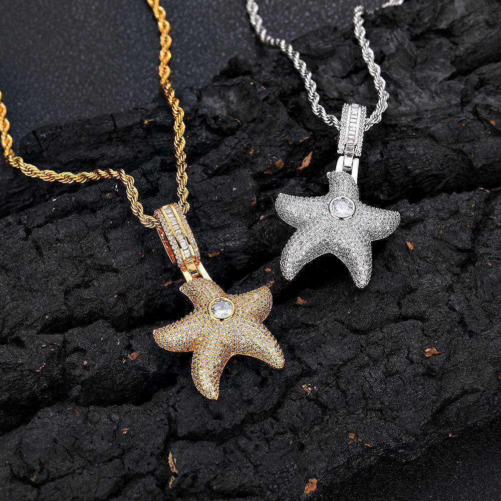 Hip Hop Micro Paved Zircon Pentagram Trendy Brand Personality Full Dia Starfish Pendant Men's Necklace adaa