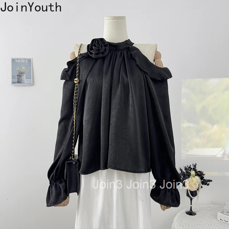 2025 Camisas De Mujer Women Blouses Stand Neck Long Sleeve Off Shoulder Tops 3D Floral Ruffles Solid Color Summer Blouse Shirts