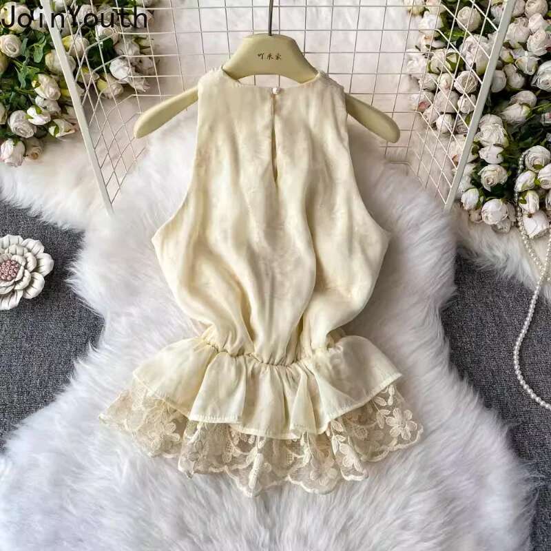 2025 Womens Clothes Summer Tanks Crop Tops Temperament Sleeveless Tunic Tees Ropa Mujer Patchwork Lace Print Slim Fit Vest
