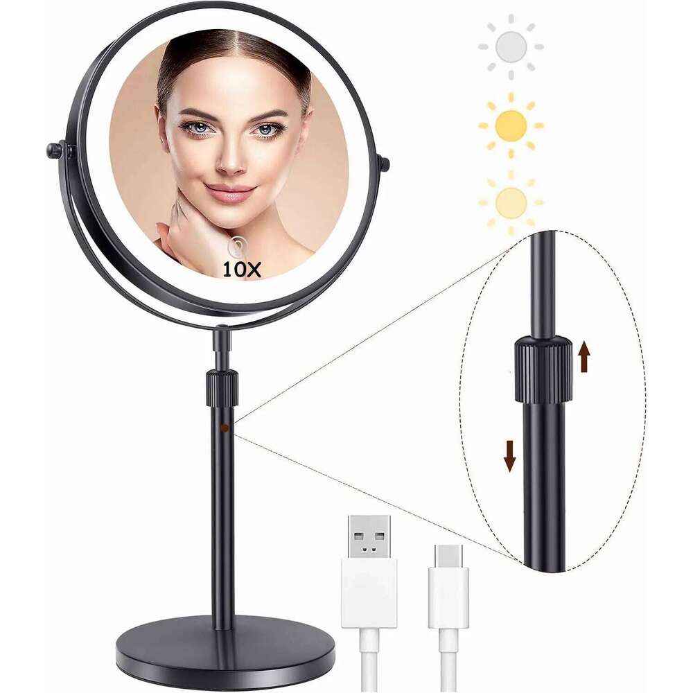 3 IN 1 Lighted Makeup Mirror 8 Inch 1X/10X Magnifying LED Vanity Mirror,3 Color Lights,Adjustable Brighess.Gifts For Women
