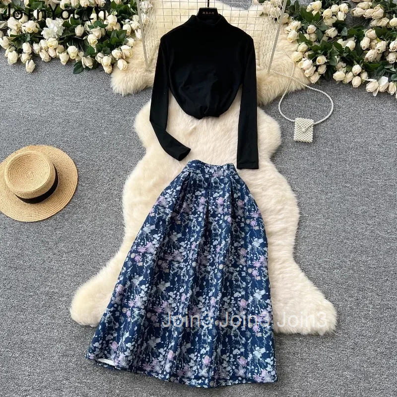 Two Piece Sets for Women High Waist Floral A-line Skirt Long Sleeve Tunic Tops Outfits Roupas Femme Fashion Korean Vintage Suit