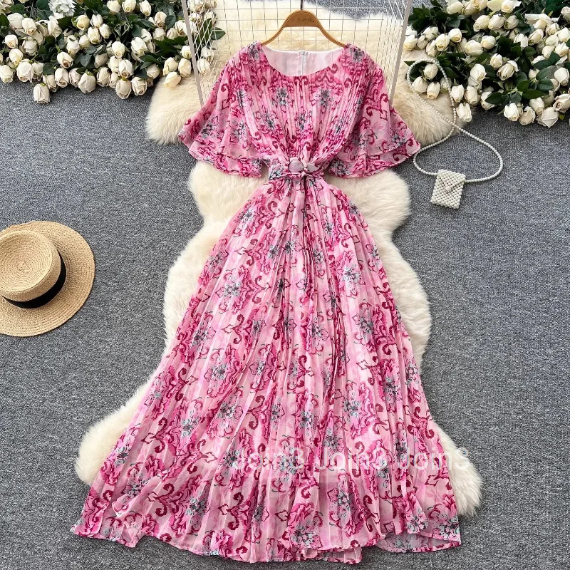 Floral Sweet Maxi Dress O-neck Flare Sleeve Slim Waist Robe Femme Vintage Chiffon Summer Pleated Dresses 2025 Vestidos De Mujer