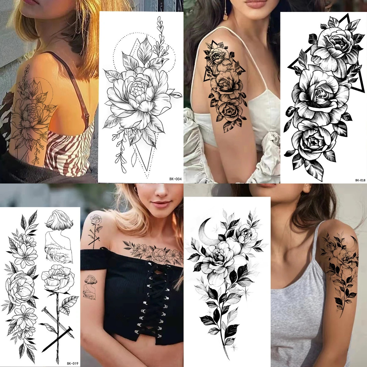 Waterproof Temporary Tattoo Sticker Flowers Roses Lilies Peonies Geometric Patterns Body Art Arm Tattoos Sleeve Women Men 250619