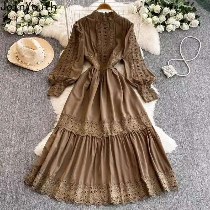 Korean Dress for Women 2025 Vestidos De Mujer Patchwork Lace Hollow Out Dresses Slim Waist Lantern Sleeve Temperament Robe Femme