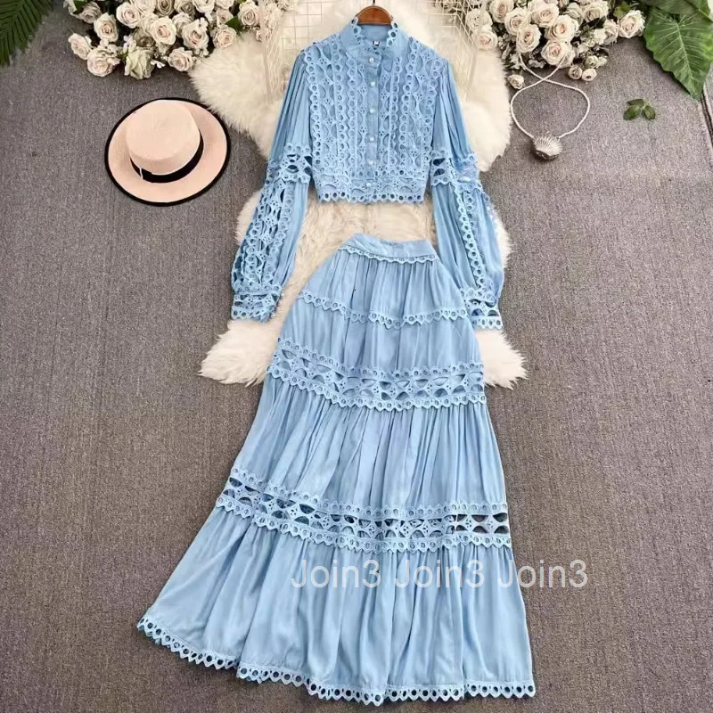 Fashion 2 Pieces Sets Women Clothing Stand Neck Lantern Sleeve Crop Shirts High Waist Skirt Outfits Hollow Out Lace Vintage Set