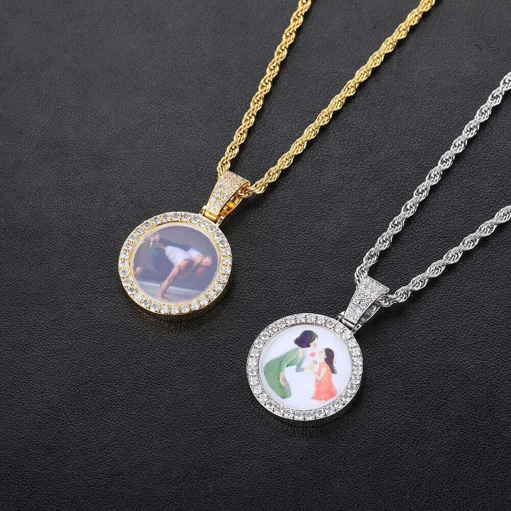 Unique Creative Mini Small Round Photo Pendant Micro-Paved Zircon Hip-Hop Frame Necklace 40bd