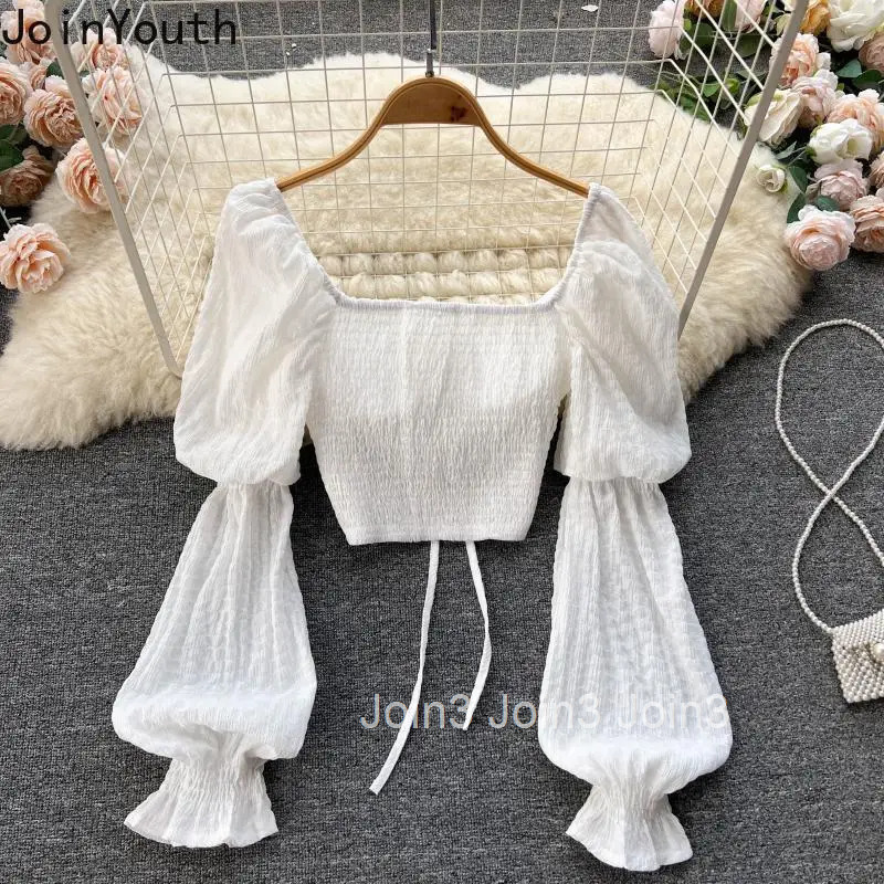 Summer Crop Tops Fashion Blouse Women 22024 Blusas Mujer De Moda Square Collar Puff Sleeve Bandage Tunic White Blouses Shirts