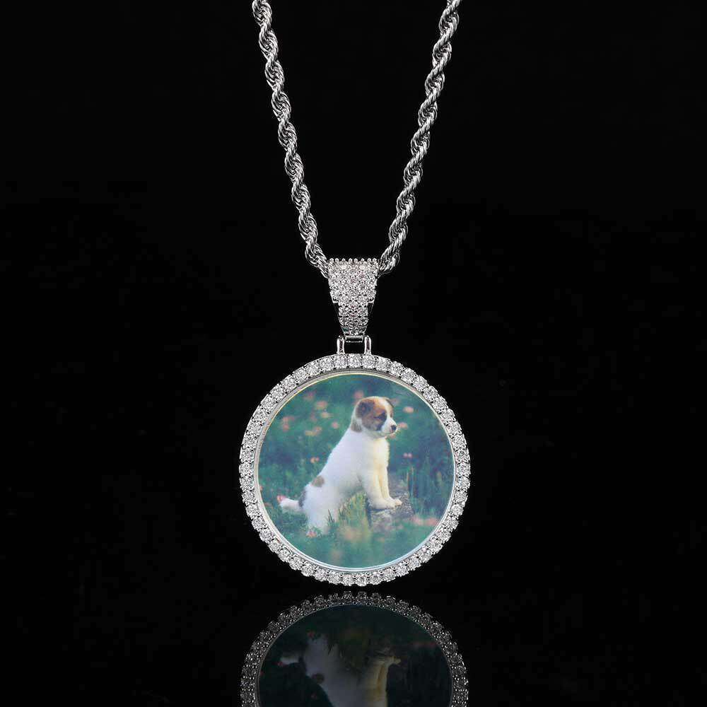 Hip Hop Small Round Trendy DIY Creative Photo Frame Zircon Pendant Men's Necklace 0b36