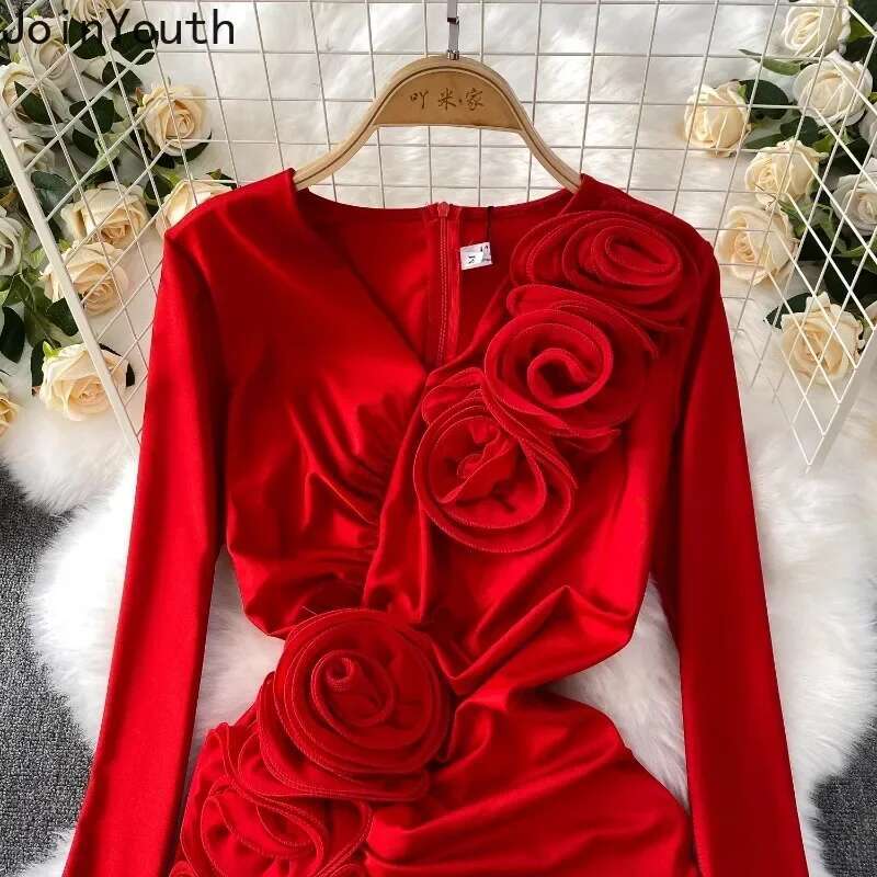 Summer Dress Women Korean Fashion Clothes Temperament Robe Femme Solid Color Split 3D Floral Maxi Dresses 2025 Vestidos De Mujer