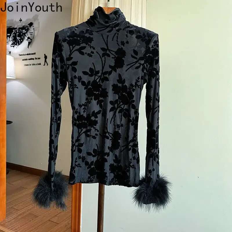 Womens Clothing Flocking Floral High Neck Long Sleeved T-shirt Temperament Tops 2025 Ropa Mujer Vintage Tunic Korean Tshirts