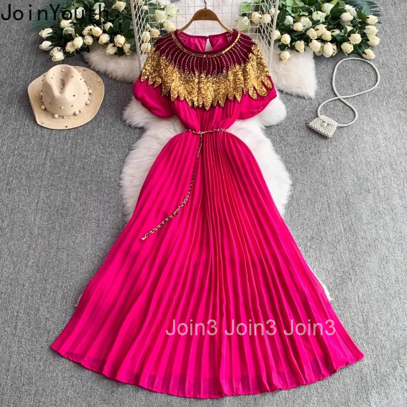 Temperament Robe Femme Heavy Sequin Summer Dresses Women Clothing 2025 Vestidos De Mujer O-neck Short Sleeve Pleated Maxi Dress