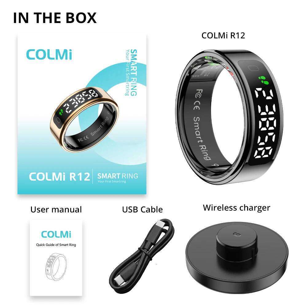 New R12 Smart Ring, Wireless Charging, Display and Touch, Health Manager, Multi Sports Modes For Men Women, Gold, Sier