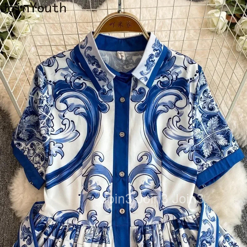 Summer Dress Women Tunic Floral Big Swing Temperament Robe Femme 2025 Vestidos De Mujer Short Sleeve Single Breasted Maxi Dress