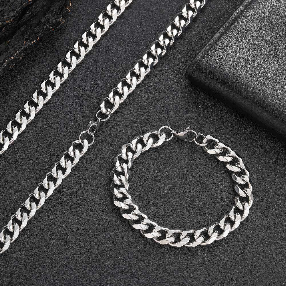 Trendy Hip-Hop 11mm Titanium Necklace Six-Sided Polished Cuban Chain Stainless Steel Men's Bracelet Jewelry 63f7