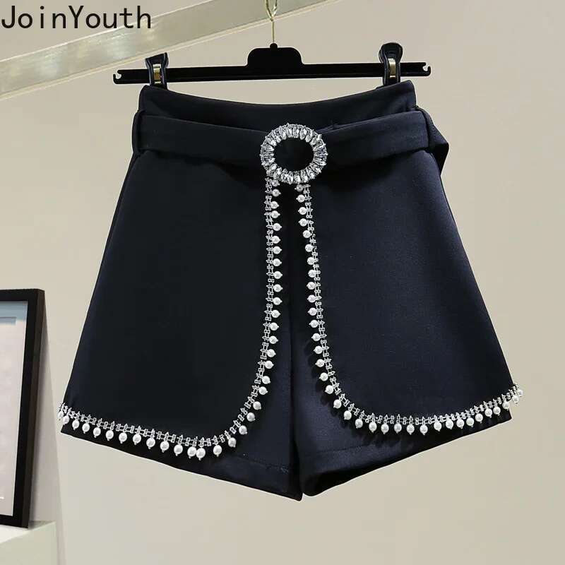 Temperament Shorts for Women 2025 New Bottoms High Waist Heavy Diamond Wide Leg Pants Summer Chic Pantalones Cortos De Mujer
