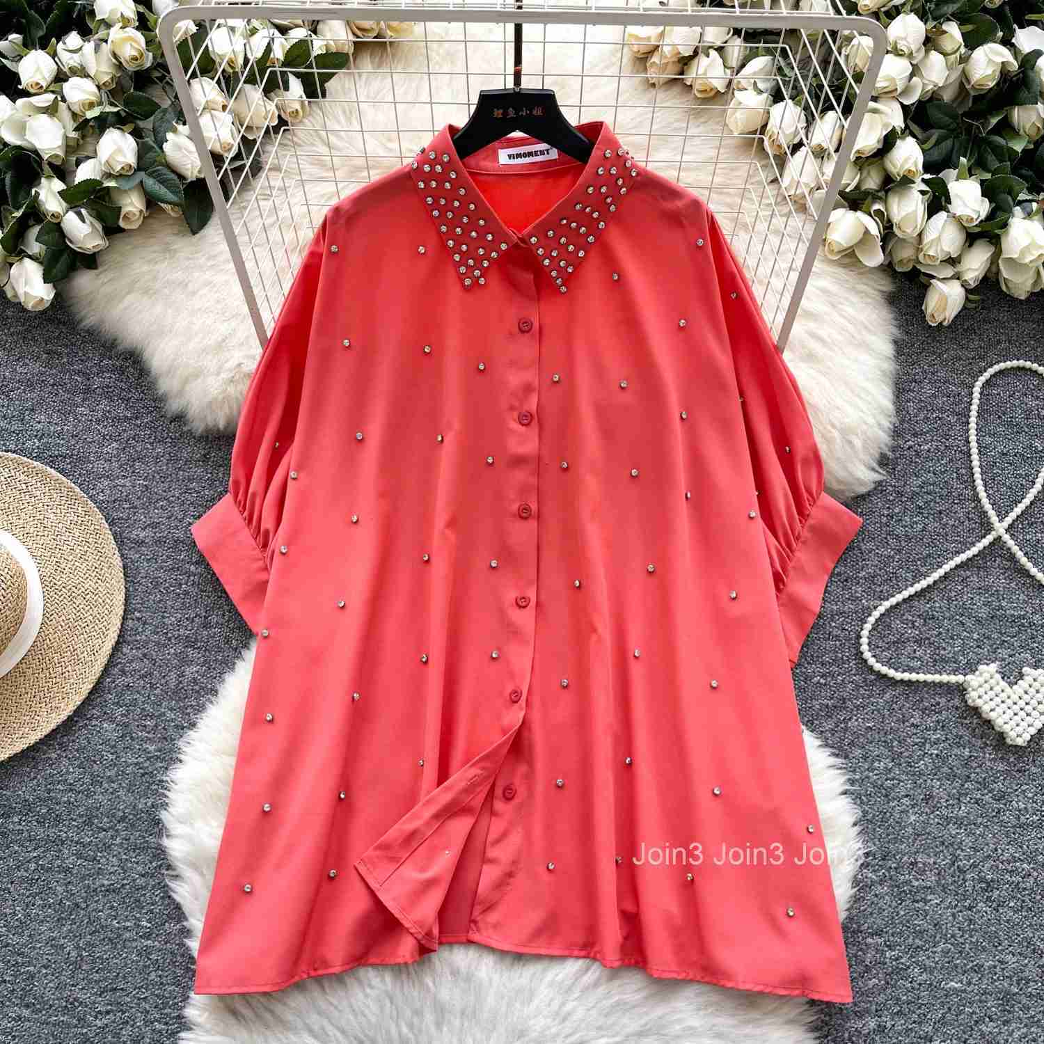 Loose Blouses Womens Clothing Short Sleeve Heavy Diamond Shirts 2025 Blusas Mujer De Moda Vintage Summer Korean Blouse Tops