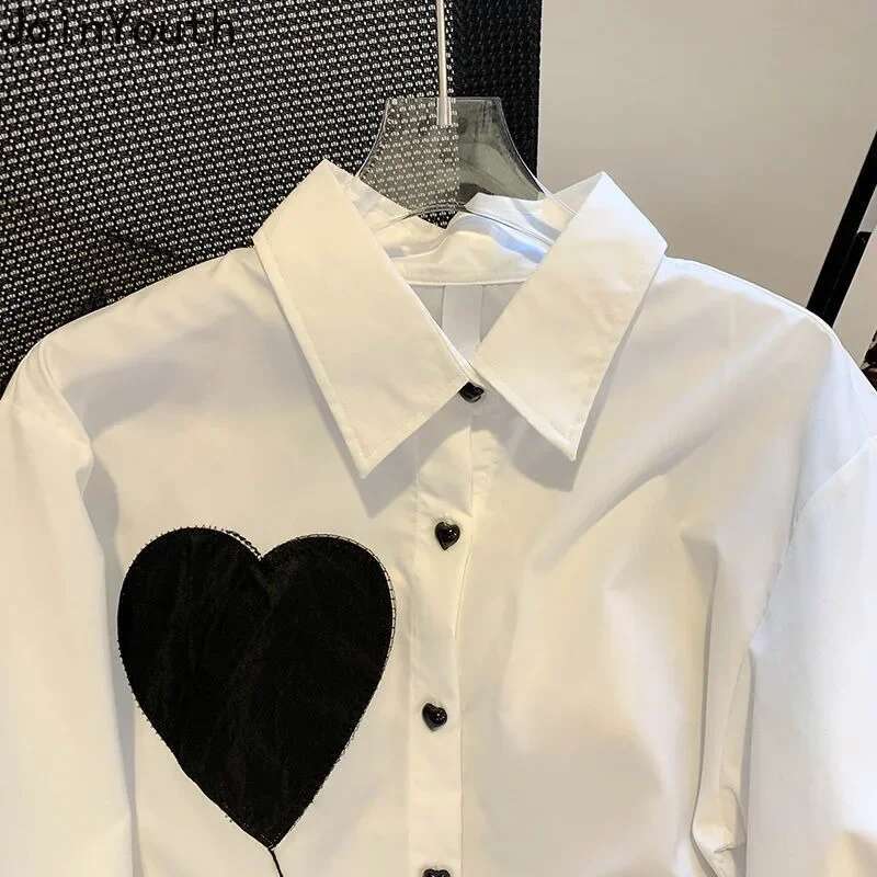White Long Sleeve Blouse for Women Love Print Oversized Shirts Turndown Collar Fashion Blouses Tops 2025 Blusas Mujer De Moda