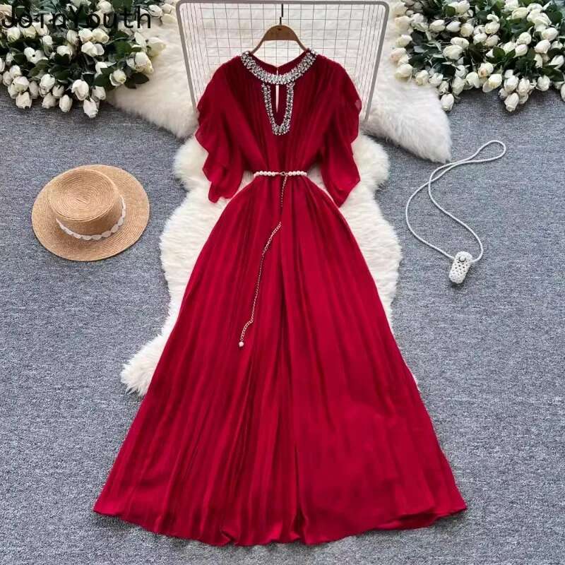 Elegant Robe Femme Women Temperament Maxi Dress 2025 Vestidos De Mujer Heavy Diamond Hollow Out Vintage Summer Pleated Dresses