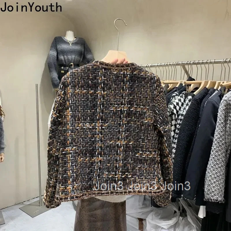 Vintage Jackets 2025 Women Clothing O-neck Long Sleeve Pocket Tweed Temperament Tops Fashion Korean Cropped Coat Y2k Clothes