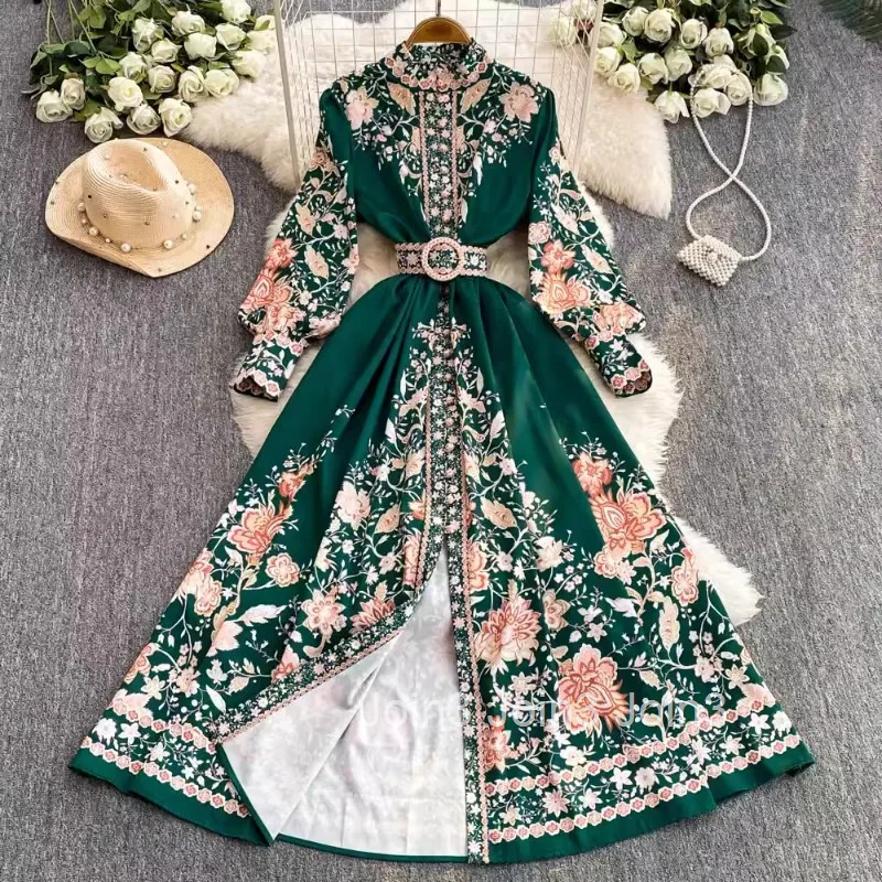 2025 Vestidos De Mujer Floral Chiffon Dresses for Women Slim Waist Temperament Chiffon Robe Femme Stand Neck Vintage Maxi Dress