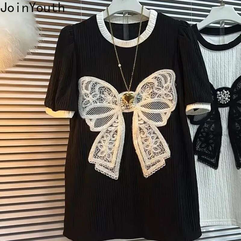 2025 Ropa Mujer Women T Shirts Short Sleeve O-neck Camisetas Fashion Summer Tees Patchwork Lace Sweet Bow Tshirts Oversized Tops