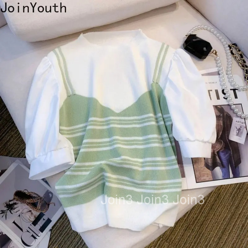 2025 Ropa Mujer Shirts for Women Chic Fake Two Tshirt Patchwork Contrast Color Knitted T Shirts Crop Tops Fashion Summer Tees