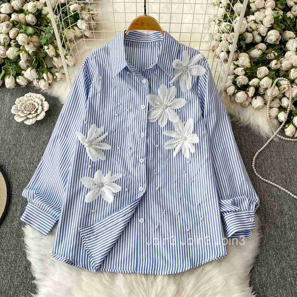 2025 Blusas Mujer De Moda Fashion Striped Blouses Womens Clothing Chic Beading Long Sleeve 3D Floral Loose Summer Shirt Tops