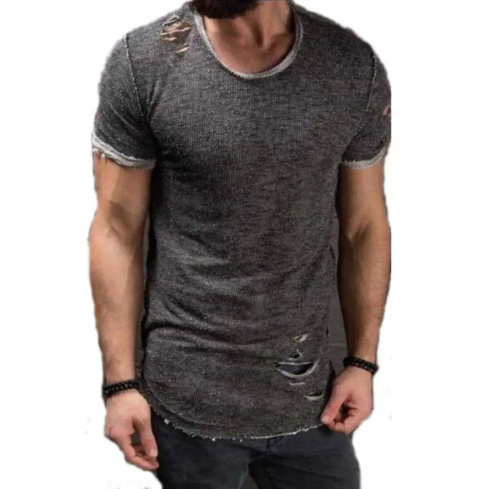 Trendy T-Shirt O-Neck Ripped Hole Distressed Short Sleeve Mens Tshirts Youth Hip Hop Streetwear Casual Tops Tees Camisetas 250616