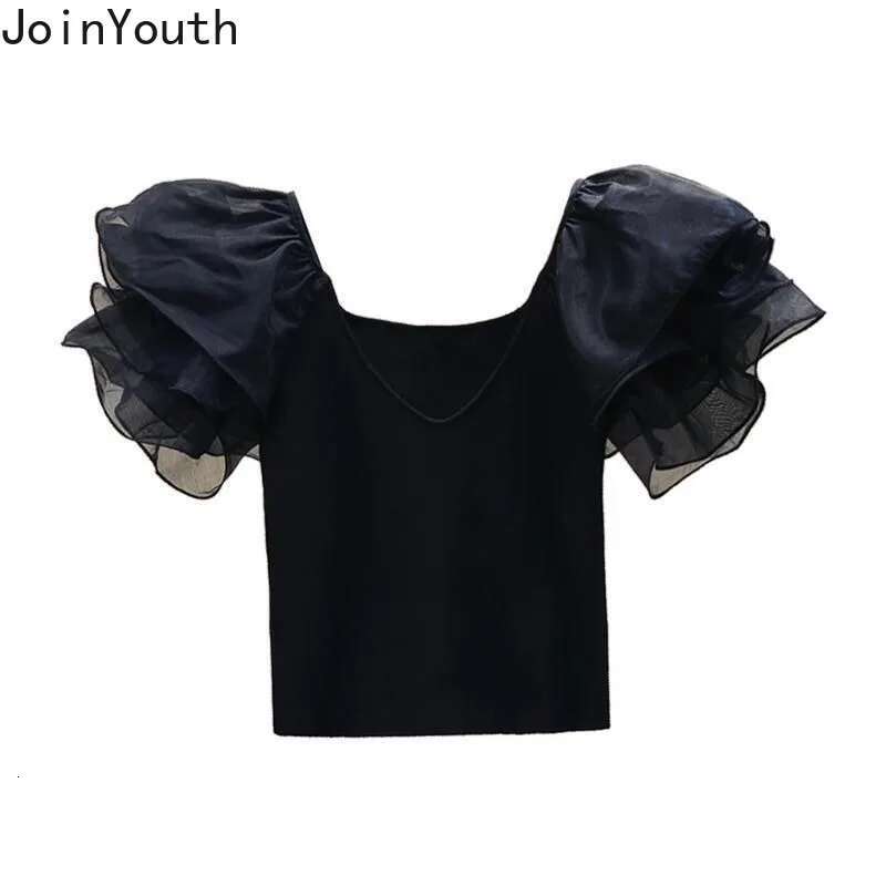 Summer Woman T Shirts V-neck Puff Sleeve Tuic White Tees Crop Tops 2025 Ropa Mujer Fashion Korean Knit Thin Temperament Tshirts