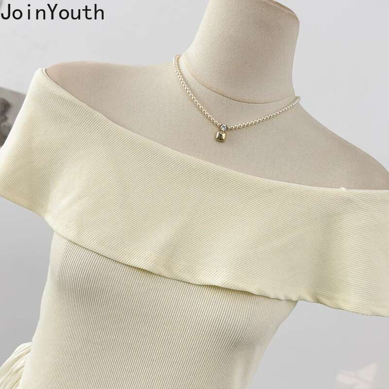 Ruffles Contrast Color T Shirts Womens Clothes Fake Two Tunic Camisetas 2025 Ropa Mujer Slash Neck Fashion Summer T-shirts Tops