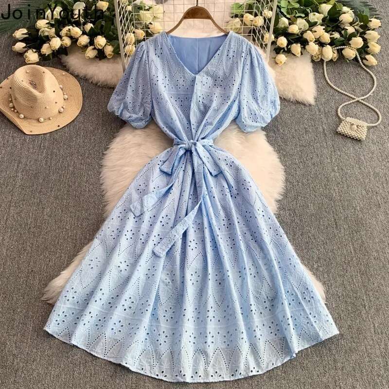 Summer Womens Dress V-neck Puff Sleeve Slim Waist Robe Femme Hollow Out Bandage Vintage White Dresses 2025 Vestidos De Mujer