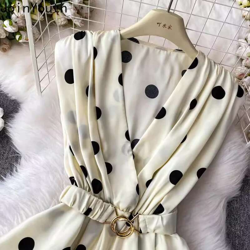 Sleeveless Polka Dot Blouses 2025 Women Clothing V-neck Slim Waist Shirts Folds Ruffles Vintage Blouse Tops Camisas De Mujer