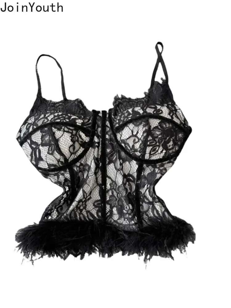 Crop Top Womens Clothing Lace Patchwork Furry Vest Sexy Backless Slim Fit Camis Fashion Korean Tanks Y2k Tops 2025 Ropa Mujer