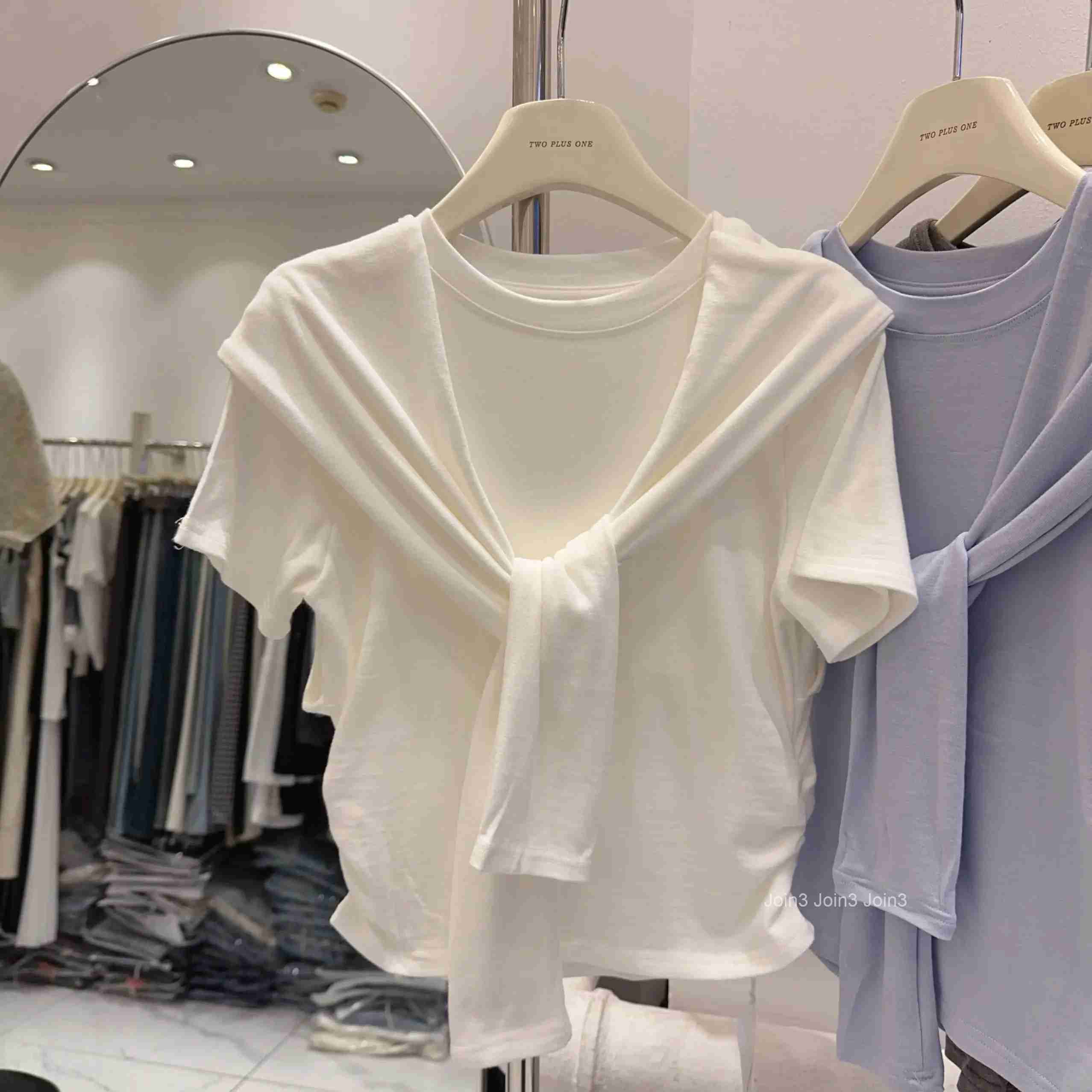 Chic Fake Two Tshirts Women Clothes Fashion White Camisetas 2025 Ropa Mujer Bandage Casual Folds Summer T-shirt Tops Korean Tees
