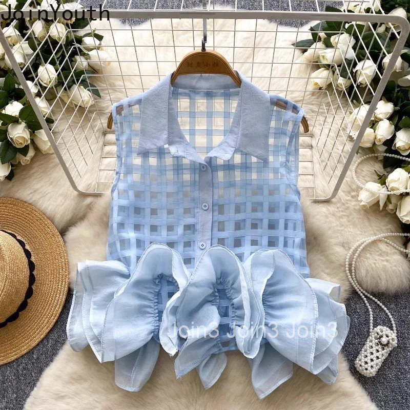 Sleeveless Ruffles Blouse Women Crop Tops 3D Floral Plaid See Through Shirt 2025 Blusas Mujer De Moda Chic Korean Summer Blouses