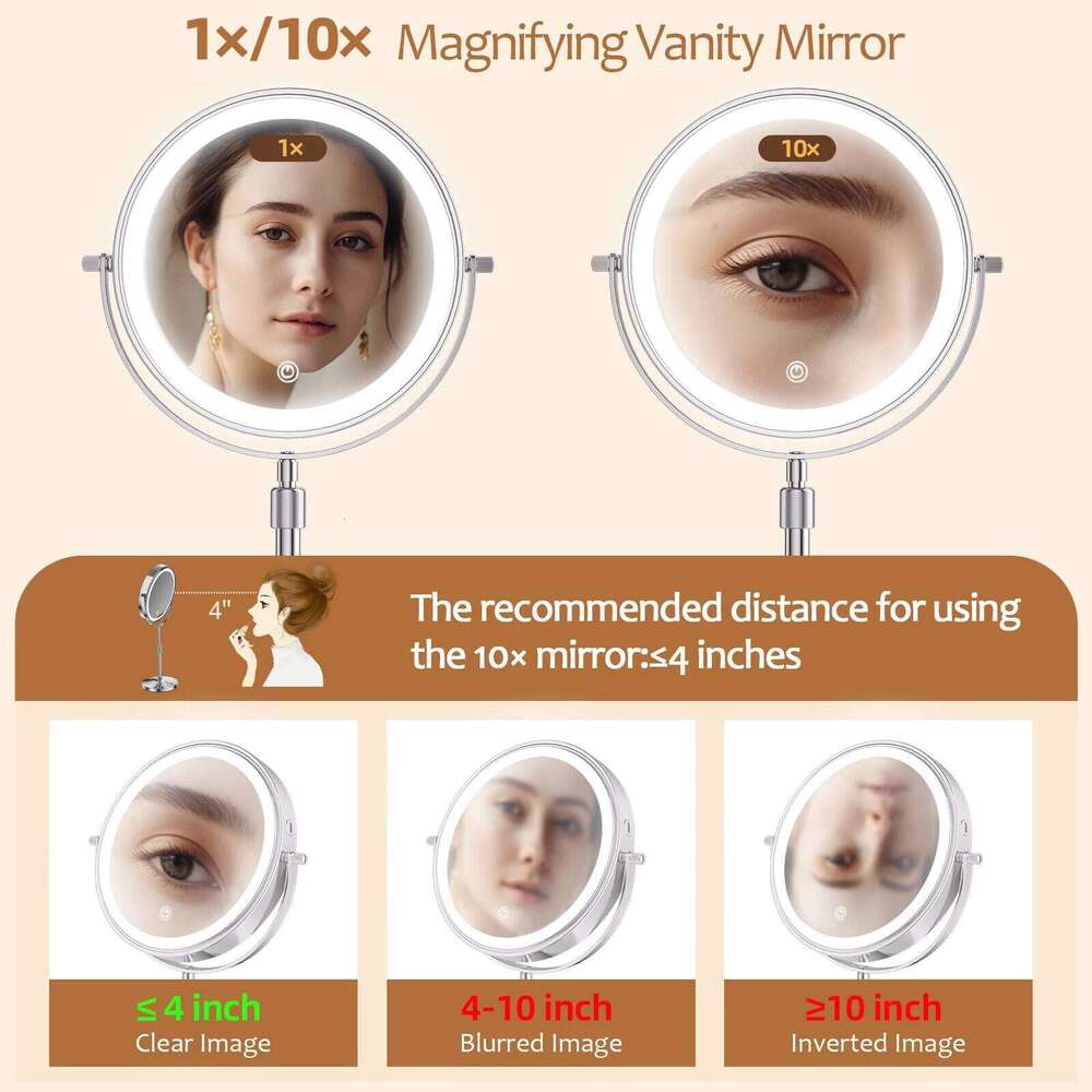 8 Inch Makeup With Light Lamp 10X Magnification 3 Color Lights,Adjustable Brighess Height Standing Cosmetic Mirror
