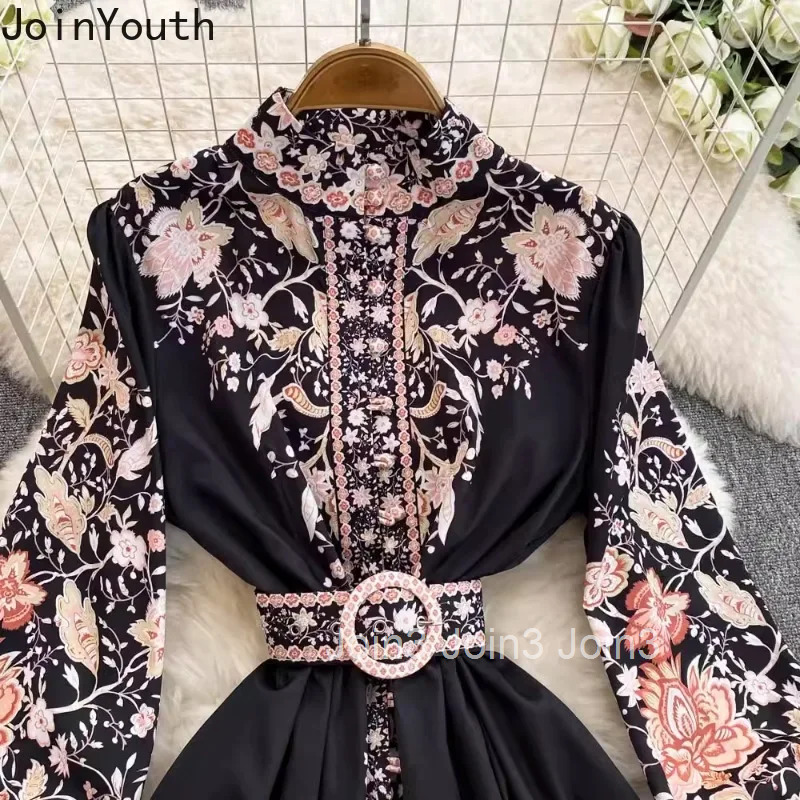 2025 Vestidos De Mujer Floral Chiffon Dresses for Women Slim Waist Temperament Chiffon Robe Femme Stand Neck Vintage Maxi Dress