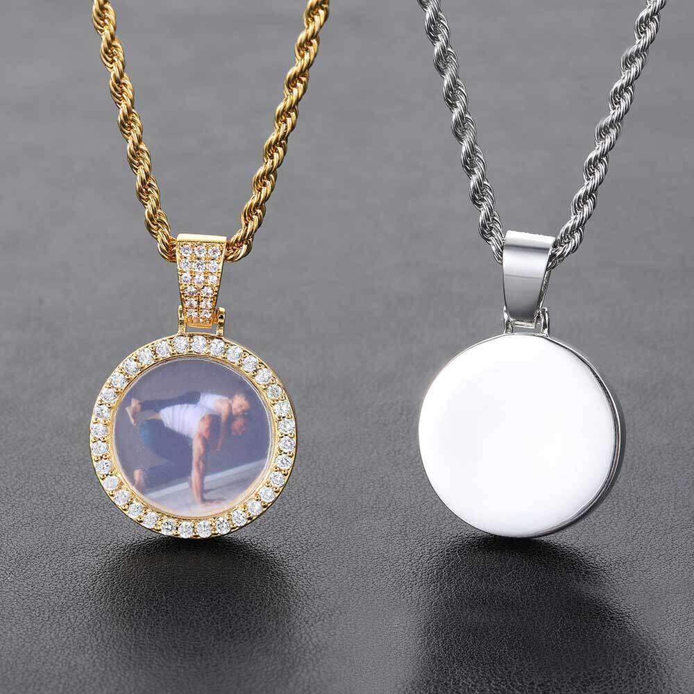 Unique Creative Mini Small Round Photo Pendant Micro-Paved Zircon Hip-Hop Frame Necklace 40bd