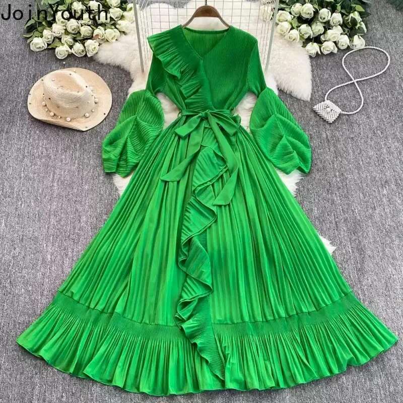 Temperament Robe Femme Ruffles Maxi Dress Women Clothes V-neck Slim Waist Big Swing Pleated Dresses 2025 Vestidos De Mujer
