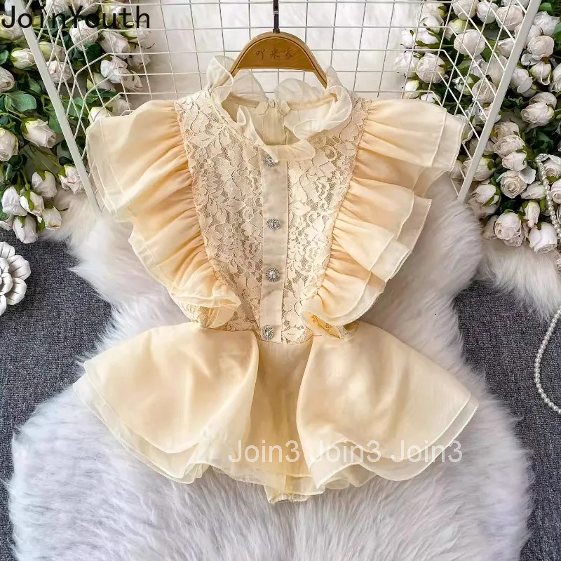 2025 Camisas De Mujer Sleeveless Stand Neck Blouse Women Clothing Heavy Lace Tunic Temperament Tops Ruffles Sweet Summer Shirts