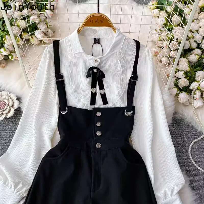 Womens Clothing Summer Two Piece Sets Lace Vintage White Shirt Strap and Jumpsuit Suit Fashion Korean Outfits 2025 Ropa Mujer